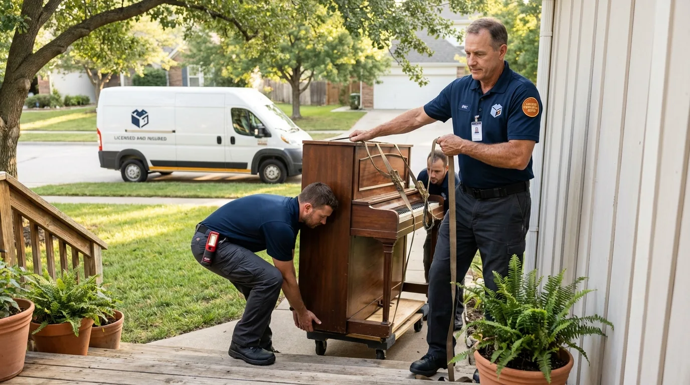 Licensed piano movers securing grand piano in Byhalia, MS