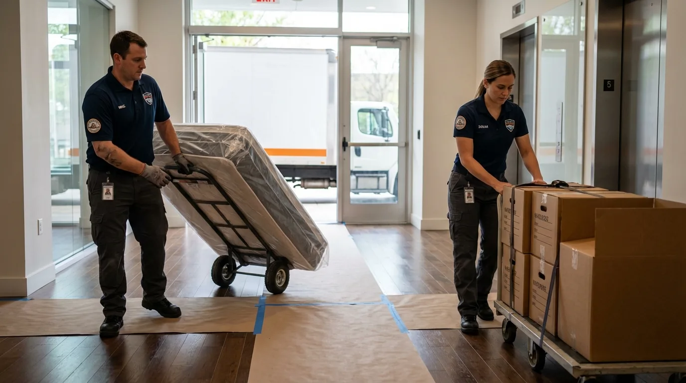 Professional apartment movers loading elevator in Byhalia, MS